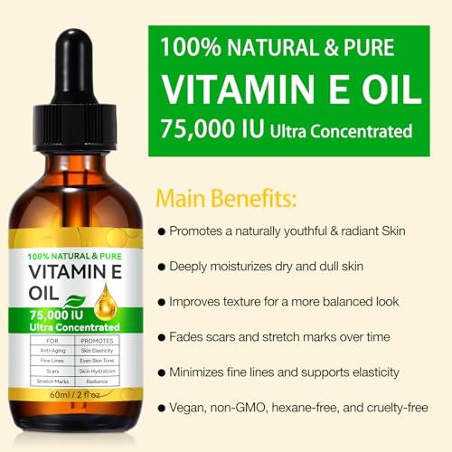 Vitamin E Oil for Skin & Hair - 75,000 IU, 2 Fl Oz - Natural Anti-Aging Moisturizer