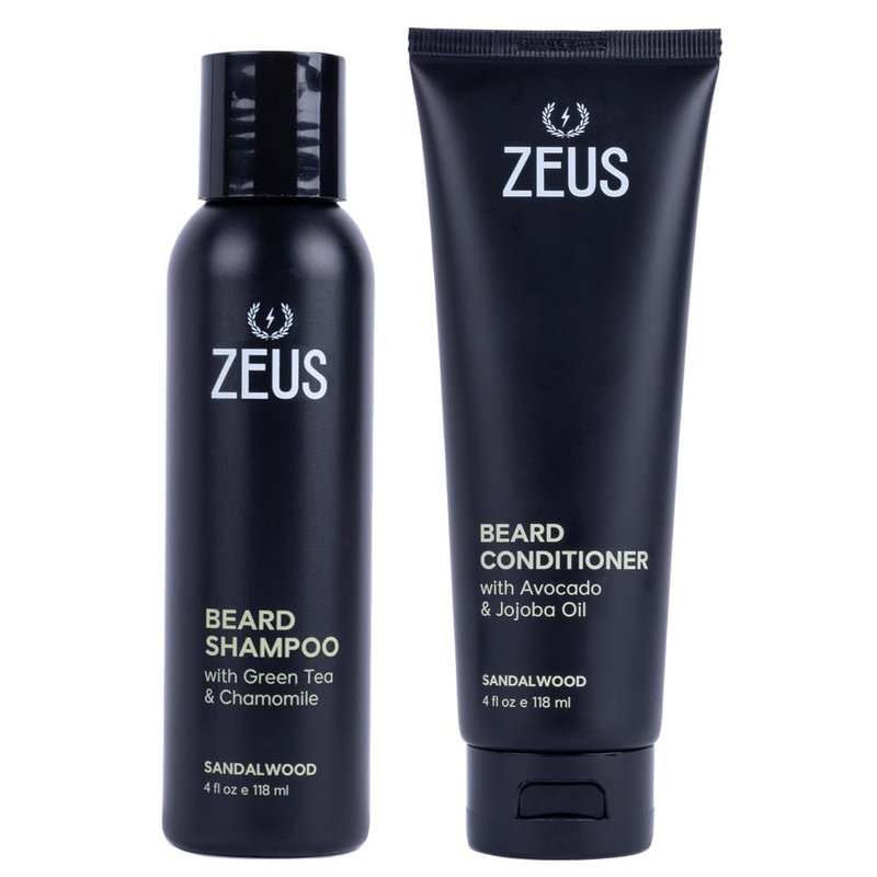 ZEUS Sandalwood Beard Wash Set for Men, Shampoo & Conditioner Duo with Green Tea & Essential Oils, Hydrates, Softens & Strengthens Beard Hair (Made in USA)
