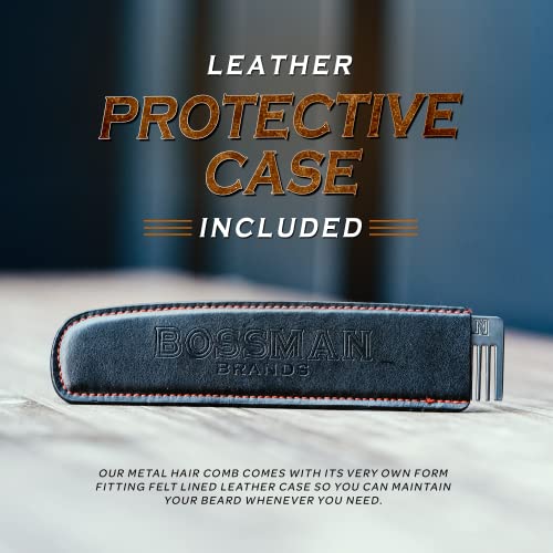 Bossman Metal Comb with Leather Case - Dual-Teeth Design for Beard & Mustache Care