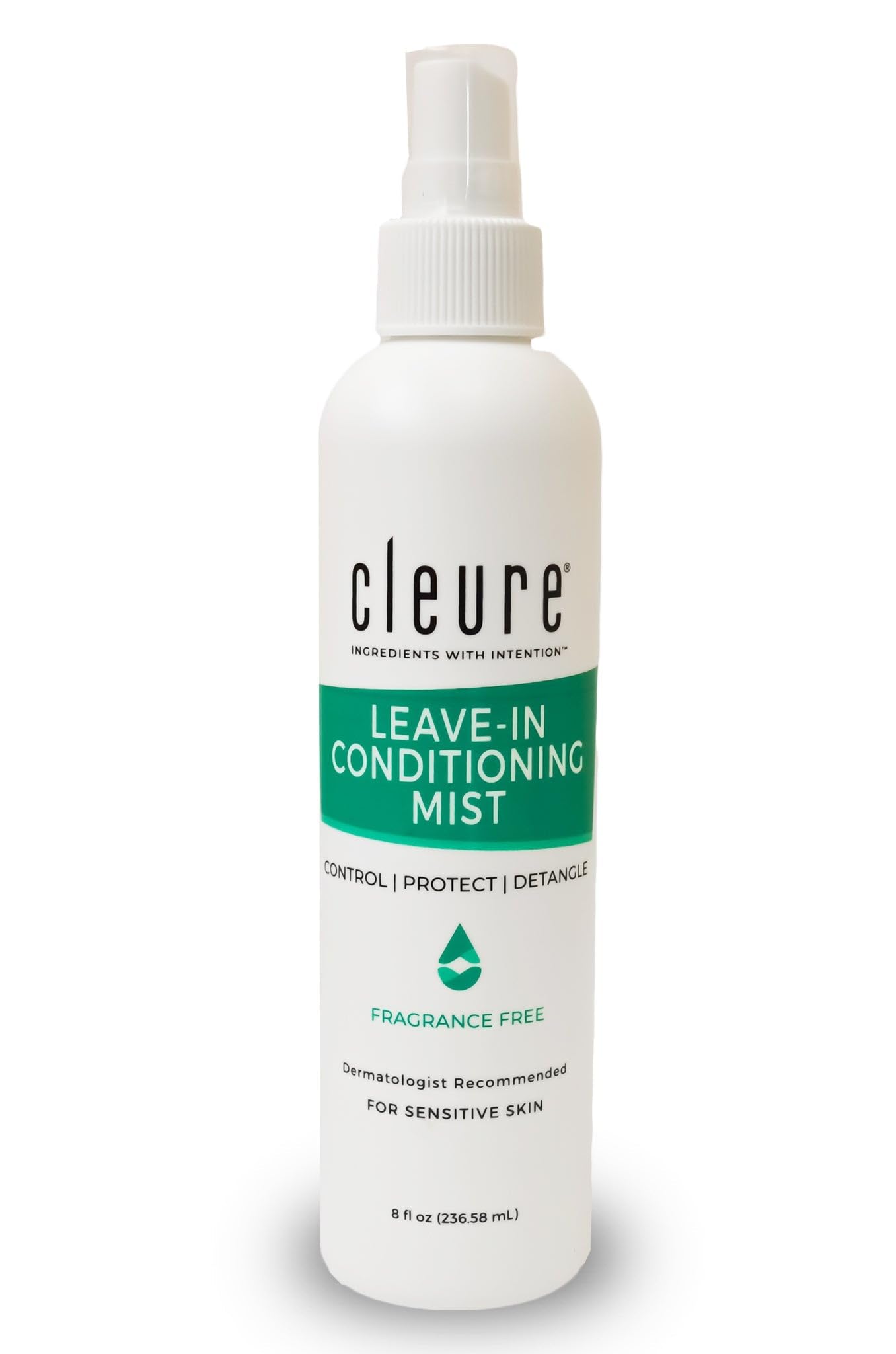 Cleure Fragrance Free Leave-In Conditioner for Dry, Frizzy, Straight & Curly Hair - Hypoallergenic Hair Detangler Spray for Sensitive Skin (8 fl oz, Pack of 1)