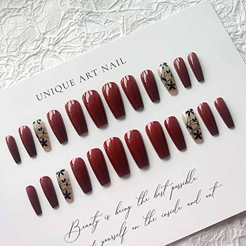 RikView Red Coffin Acrylic Fake Nails - Fall Design, Full Cover, 24 pcs