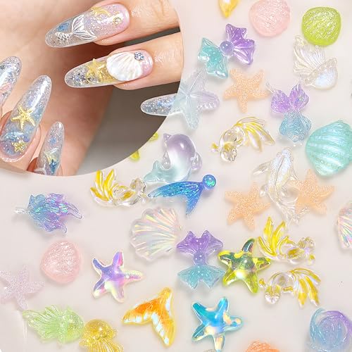 200Pcs Ocean Nail Charms - 3D Resin Starfish & Jellyfish Gems