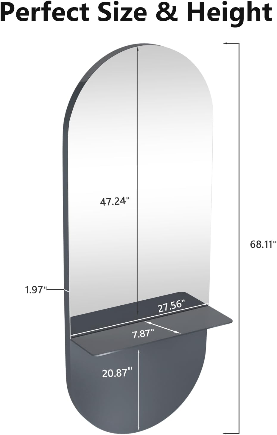 Full Length Wall Mount Mirror - Large Metal Makeup Mirror with Shelf | 69" for Salon, Barbershop, Spa, Bedroom, Bathroom