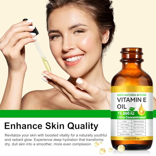 Vitamin E Oil for Skin & Hair - 75,000 IU, 2 Fl Oz - Natural Anti-Aging Moisturizer