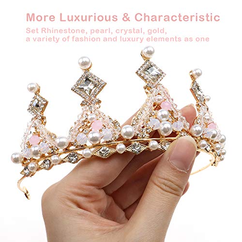 Gold Tiara with Pink Rhinestones - Birthday Crown for Women, Party &