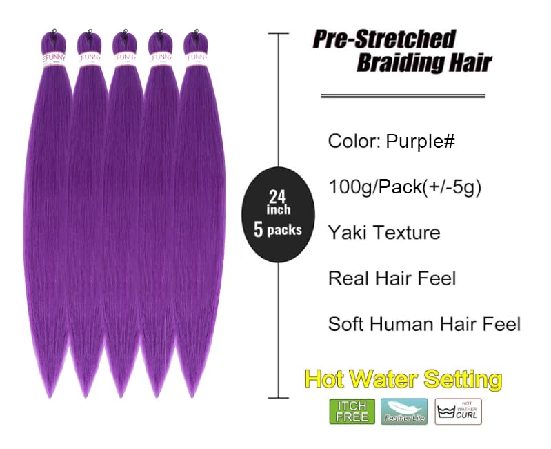 BEFUNNY 24 Inch Purple Pre Stretched Braiding Hair 5 Packs for Natural Braid & Twist Styles