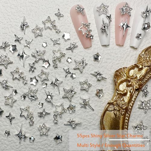 55pcs Y2K Silver Star Nail Charms - 3D Rhinestones for Nail Art