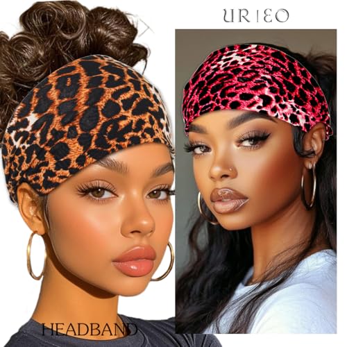Urieo Leopard Print Wide Headbands for Women - Stretchy Knotted Turban (4-Pack)