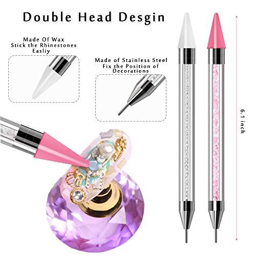Pink & White Dual-Ended Nail Rhinestone Picker Tool with Extra Wax Heads & Storage Case