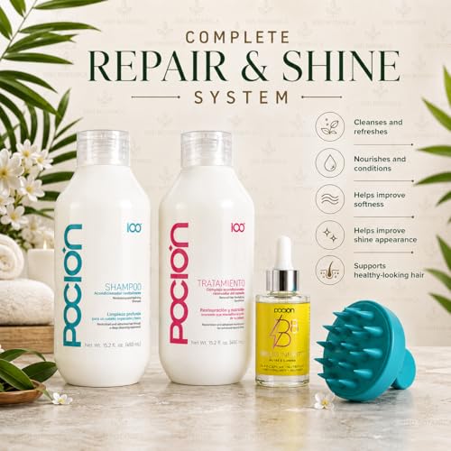 Poci?n Hair Care Bundle with Shampoo (Revitalizing Shampoo), Tratamiento (Repair Conditioner Treatment), Poci?n Brillo Infinito B8 Hair Oil & Scalp Massage Brush | 4-Piece Hair Care Set