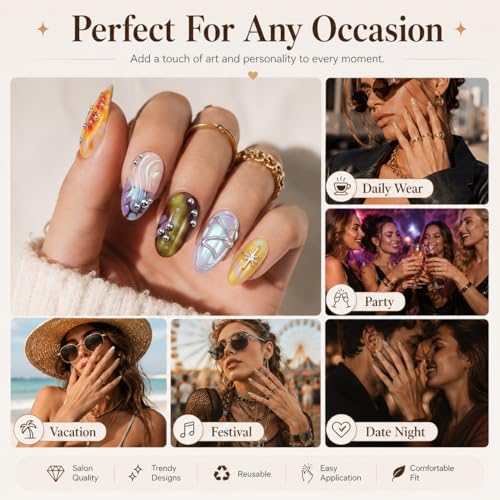 10pcs Almond Press-On Nails M - Gradient 3D Silver Rivets & Textures