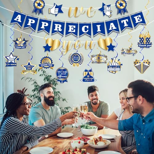 We Appreciate You Banner Decorations - Blue Gold Party Streamers