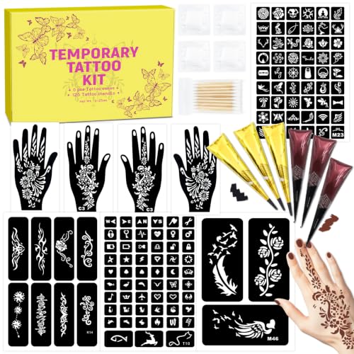 MuseLuxe 126 PCS Temporary Tattoos Stencils Kit,Temporary Tattoos Kit - 6 Pcs 2 Color(Brown Black) Ink with Gloves,DIY Body Art Painting for Women Men Adults Kids