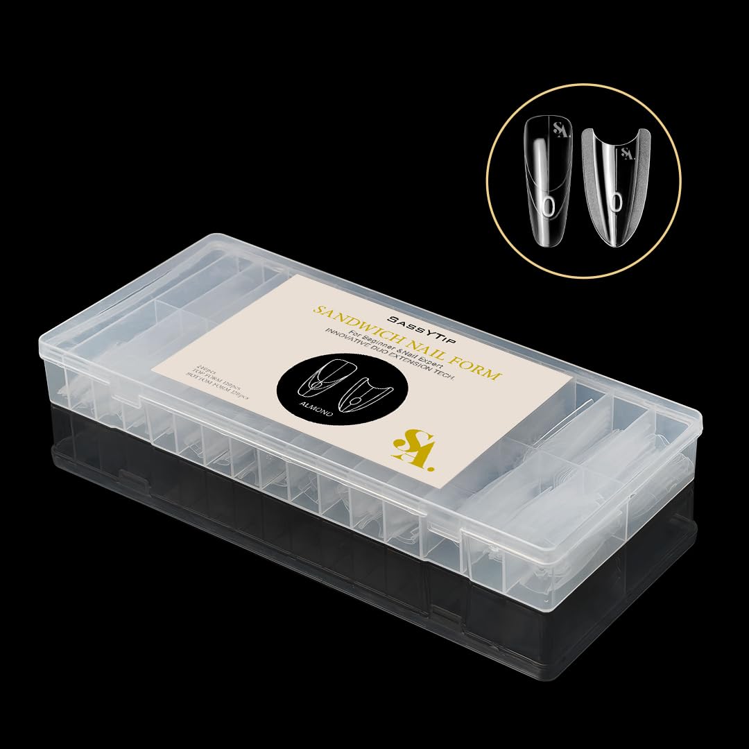 Dual Nail Forms for Quick Extensions - 240 Pcs Clear Plastic Nail Molds | 15 Sizes for Builder Gel, Oval Sandwich