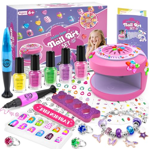 BATTOP Water-Based Kids Nail Polish Set with Dryer & Nail Tips Kit, 6 Colors & Stickers