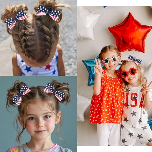 4Pcs Patriotic American Flag Hair Bows for Girls - 5 Inch Clips