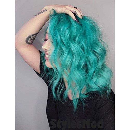 CliCling Short Wavy Bob Wig for Women - Middle Part, Curly, Shoulder Length, Colorful Synthetic Heat-Resistant Hair (Dark Turquoise)