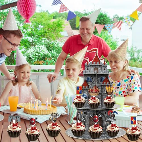 3-Tier Medieval Castle Cupcake Stand with 24 Knight Cake Toppers