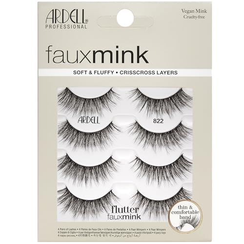 Ardell Faux Mink Lashes Flutter 822 Voluminous Fluffy Strip Lashes, Vegan, 4 Pairs