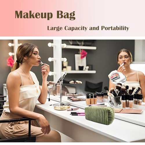 Green Corduroy Makeup Bag for Women Travel Toiletry Organizer - Kornnapa