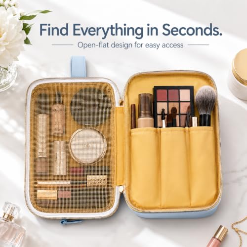 KUOSHI Blue Travel Makeup Bag with Open Flat Design & Waterproof Material