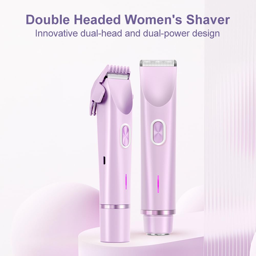 ANFOOS Women's Electric Shaver Bikini Trimmer for Women Razors 2-in-1 Dual Head Design IPX7 Waterproof Wet & Dry Use Body Groomer Hair Trimmer Remover for Facial Underarm Arm Face Leg Bikini (Purple)