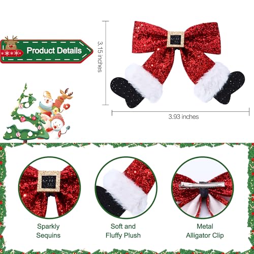 Beleki Red Glitter Christmas Hair Bow Clips for Girls & Women, Sparkly Sequin Santa Boot Style, 5 Inch Alligator Hairpin, Holiday Hair Accessories