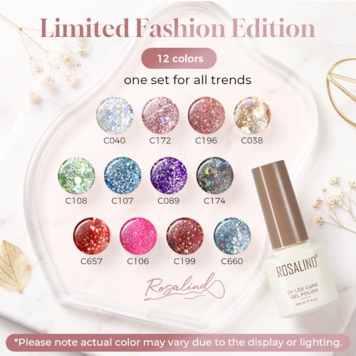ROSALIND 12PCS Glitter Gel Nail Polish Kit - Sparkle Sequins for Party Night