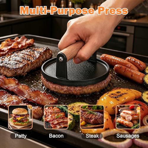 TACGEA Cast Iron Burger Press - 6.3” Heavy Duty Grill Tool