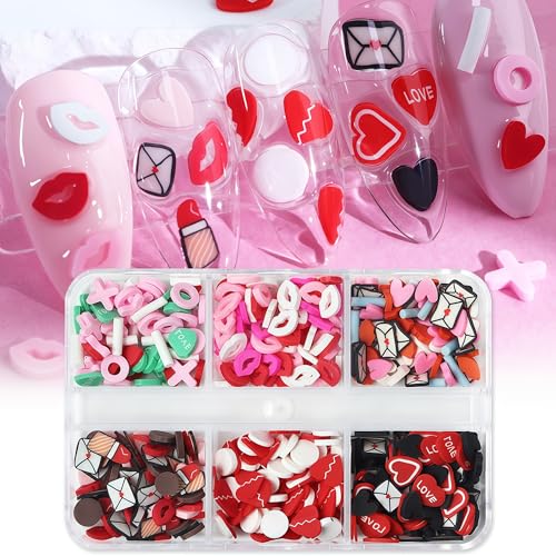 Valentine Nail Art Charms Set with Heart Lips Envelopes for DIY Manicure