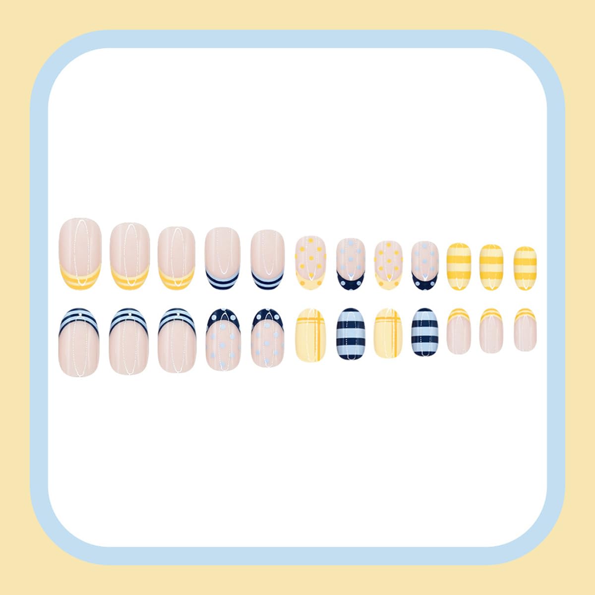 Polka Dot Press on Nails French Tip Fake Nails Medium Oval Glue on Nail with Designs Stripes, Checkered & Summer, Glossy Blue Yellow False Nail Full Cover Stick on Nails for Women Manicure 24Pcs