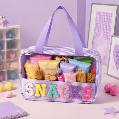 Travel Snack Bag for Women with Chenille Letter - Reusable Seersucker Organizer