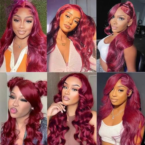 QZOQZO 28 Inch 99j Burgundy Lace Front Wigs Human Hair Red Burgundy Wig 180% Density 13x6 Body Wave Lace Front Wigs Pre Plucked Glueless Lace Front Wigs Human Hair for Women