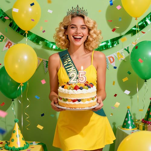 COCIDE Birthday Queen Green Rhinestone Tiara and Glitter Sash Set