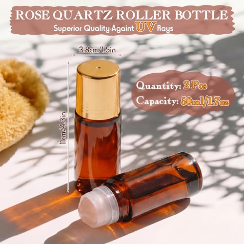 Novabright 2 Pack Pink Rose Quartz Roller Bottles 50ml - Amber Glass Applicators for Essential Oils & Perfumes