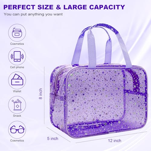Large Clear Purple Star Makeup Bag - 12x5x8 inch Travel Organizer