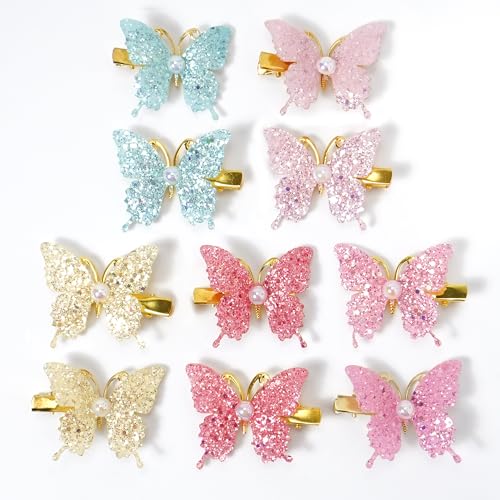 YYKITCHEN 10-Piece Glitter Pink Butterfly Hair Clips Set - Sparkly Hair Accessories for Women & Girls, Trendy Spring Party & Daily Use, Gift Box Included (A)