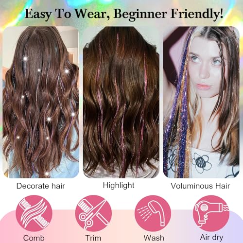 Hair Tinsel Extensions - 8 Packs, 1600 Strands, 50 Inch Gold