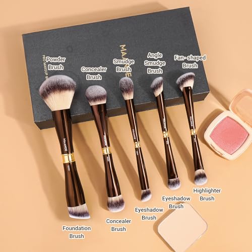 MAANGE Double-Ended Makeup Brush Set 5 Pcs Coffee Brown for Foundation, Concealer, Eyeshadow, Blush & Powder