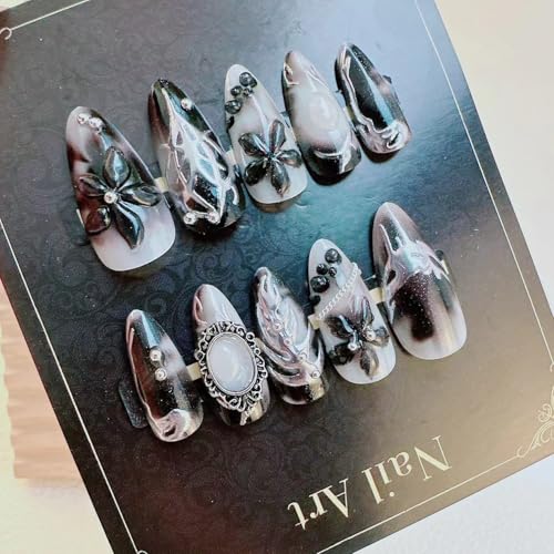 Colorful Gothic Press-On Nails Set with 3D Flowers & Chains - Medium Almond Black Silver for Women
