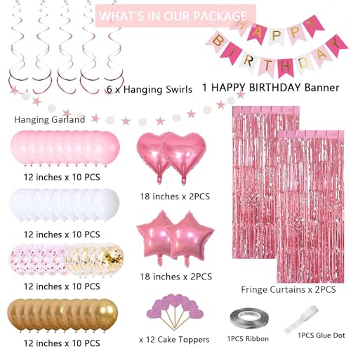 Pink Gold Birthday Decorations Set for Women & Girls - Banner, Balloons, Curtains & More