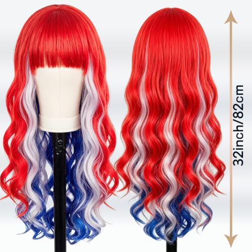 ANOGOL Red White Blue Wig - 32in Patriotic Costume Wig for Women
