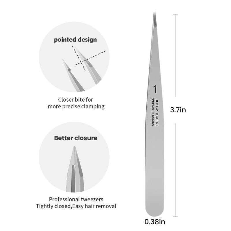ZERNBER Pointed Tweezers for women Facial hair, Precision Tweezers for Eyebrows, Chin Hair，Ingrown Hair, Splinters, Glass Removal（Silver）