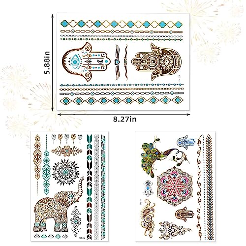 12 Sheets Gold & Silver Metallic Temporary Tattoos - Waterproof & Long Lasting