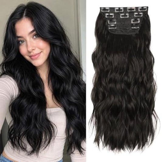 Black Hair Extensions, 20 Inches Soft Synthetic Curly Hair Extensions Clip ins (Color: Black)