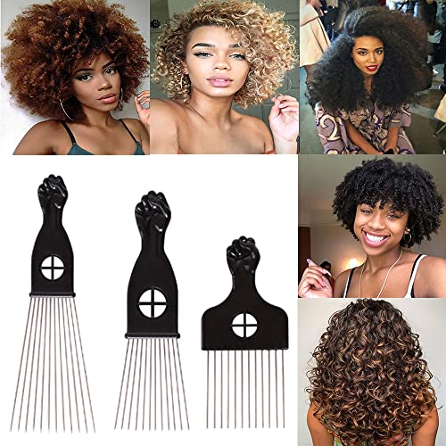 COOKOO 3 Pack Metal Afro Hair Combs - Wide Tooth Picks for Curly Hair