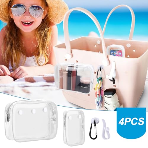 Everfunny White 2-Pack Clear Bogg Beach Tote Bag with Inserts & Hooks - Travel & Cosmetic Organizer