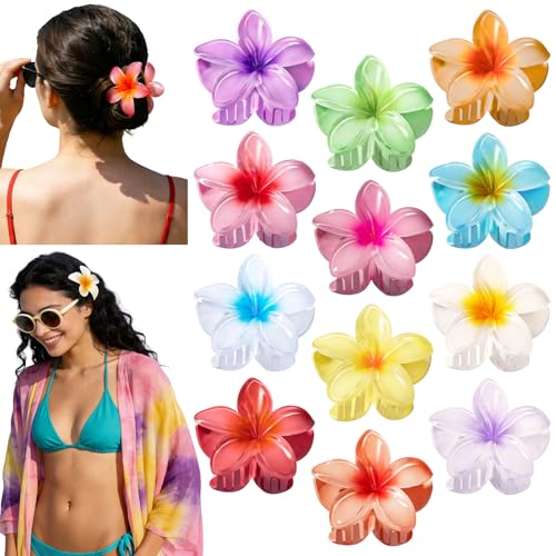 Hawaiian Flower Hair Clips - 12 Pack Claw Clips for Women