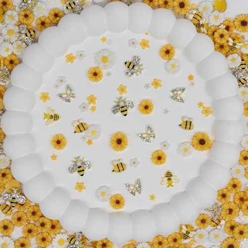 Ganepwns Bee Nail Charms & Beads Set - 200pcs Resin Cartoon Daisy Flowers & Bees for Nail Art DIY