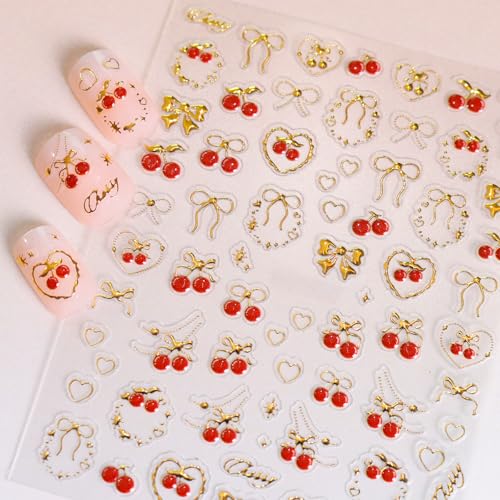 Cherry Nail Stickers - 5D Embossed Rhinestone Bow Nail Art Set